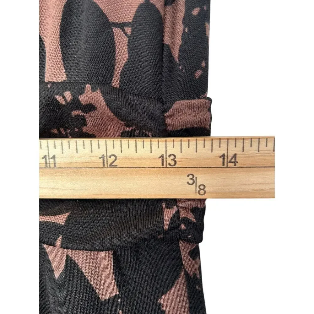 Boden Dress Size 12R Brown‎ Black Floral Print Ruched Waist Jersey Scoop Neck